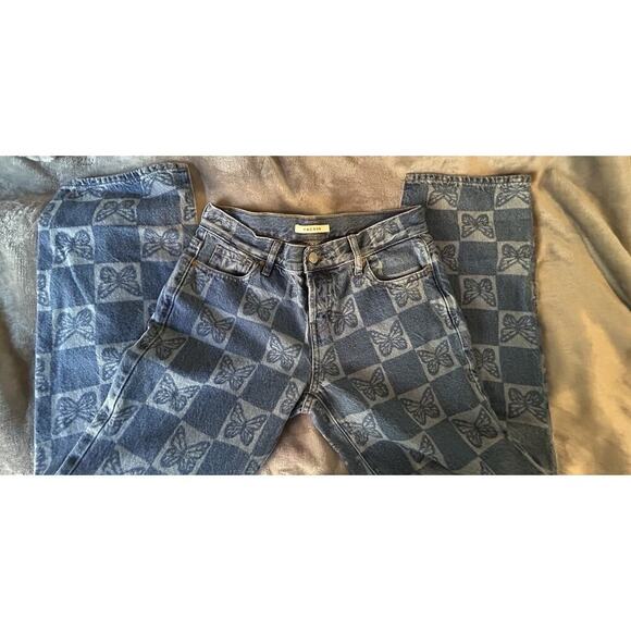 Pacsun Size 25 Low Rise Butterfly Checkered Jeans. Button-Straight Leg Open - Picture 1 of 12